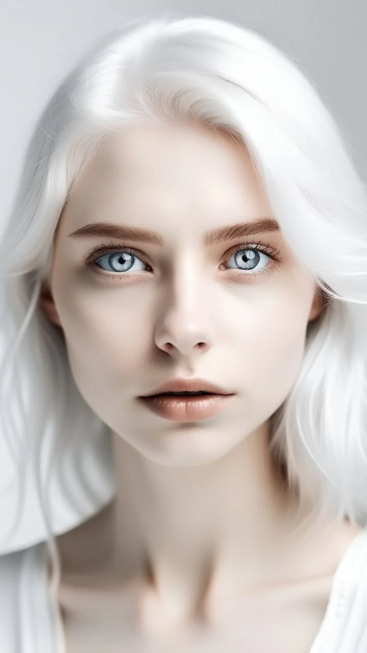 A beautiful face of woman all white skin, white eyes, white hair on a white background