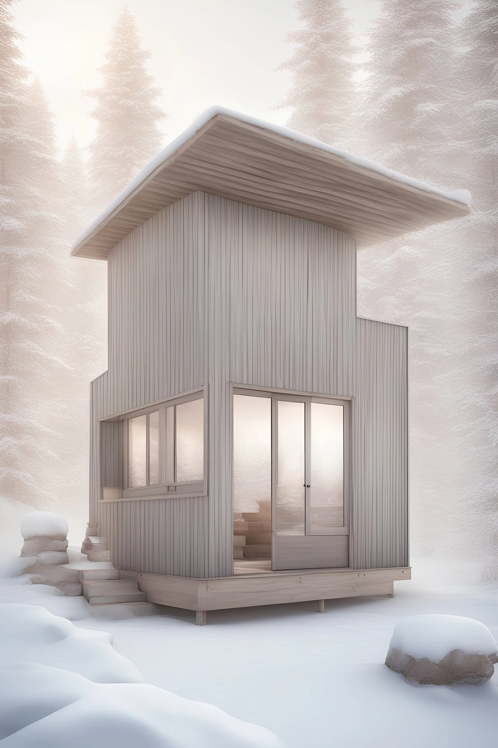 create a realistic warming hut located in winnipeg. The hut should be minimalist, add people. no platform