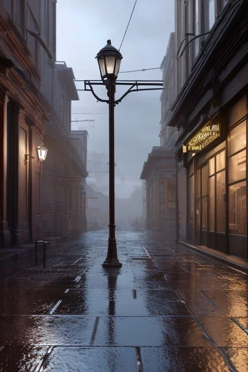 rua a noite,chão molhado, poste com luz redonda