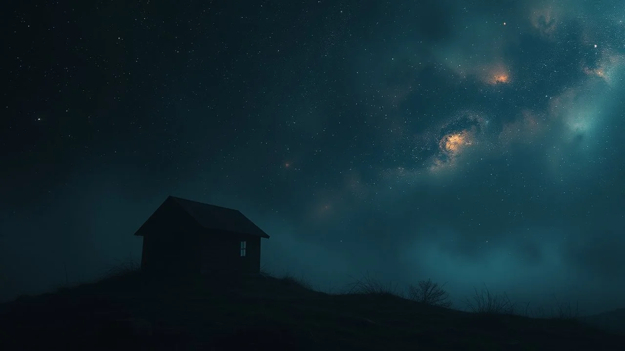 Melancholy theme picture. sometimes human stop at night and stares out into the cold space, and something hurts my heart, something big I miss. Because the treasure i longed for is not there, the treasure i lay in the dust for, and i am at home in this house, and i am at home in this skin. meaning of life, nebula, detailed, gloomy, and surreal vibe. dark colors, cinematic