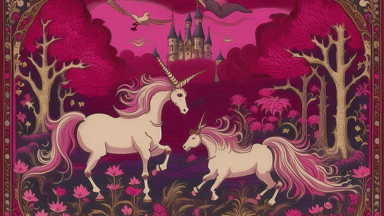 A dark magenta magical domain with winged unicorns designed in medieval tapestry