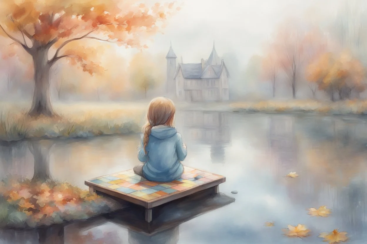 a cute chibi girl is sitting with her back to us, we see her playing tetris on a big screen, in van gogh style in on a misty morning. over a misty pond in the hieght of fall. Watercolour by Alison Brady. Pastel colours S<AI in sunshine, ethereal, otherwordly, cinematic postprocessing