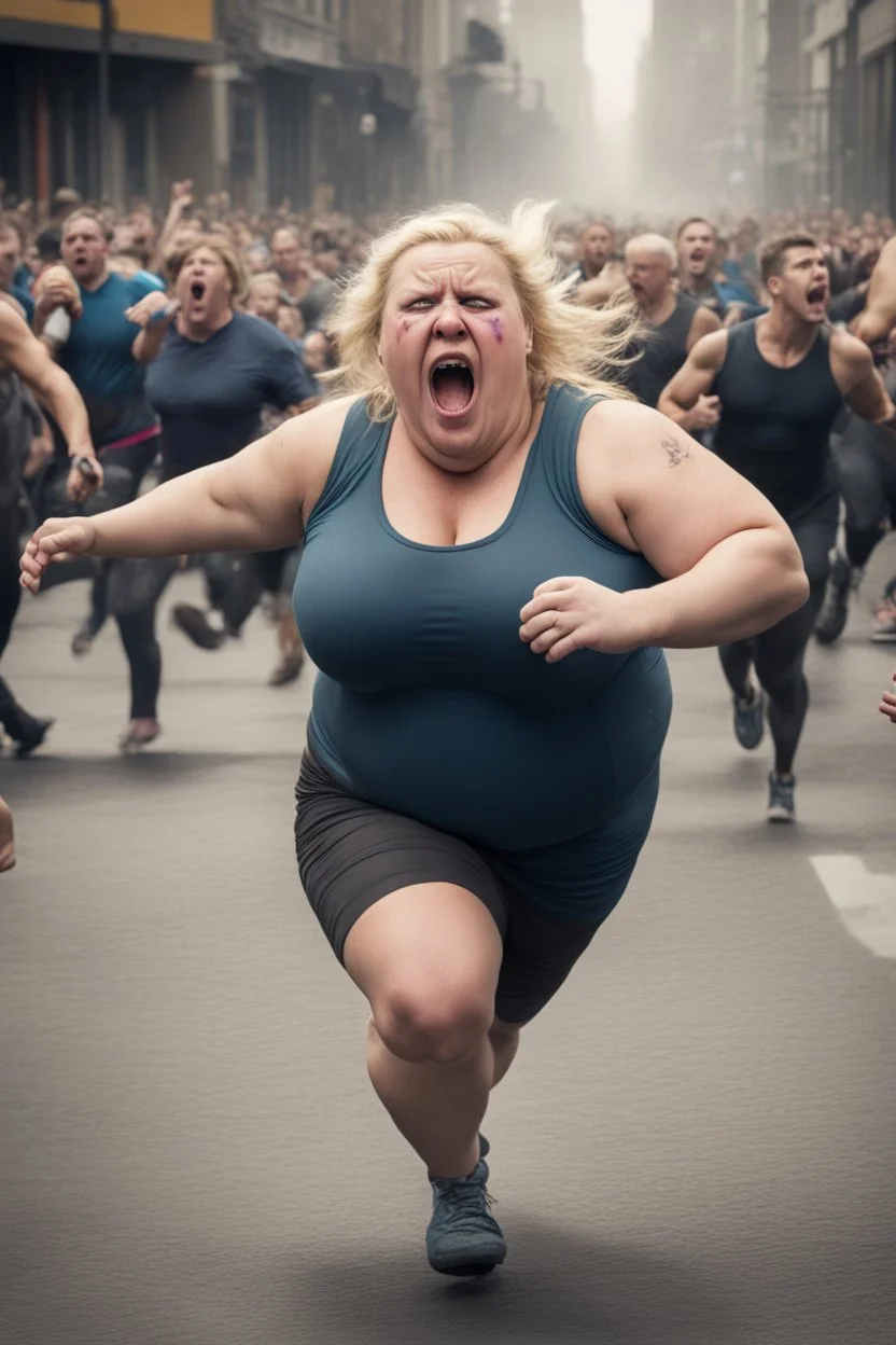 an obese terrified blonde woman crying and sobbing in a crossfit outfit desperately running away from an angry mob of thousands of people chasing her down a city street while she is flailing her arms for dear life