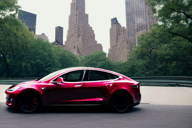 A Tesla 'Model S' is drifting at high speeds, in the 'Central Park' in New York City. (CINEMATIC, WIDE ANGLE LENS, PHOTO REAL)