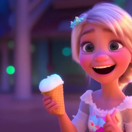 cute, adorable, smileing girl eating ice cream, candies flying all around her, Pixar, disney, cinema lighting, gaming, 8k, magic, love --q 1 --v 4