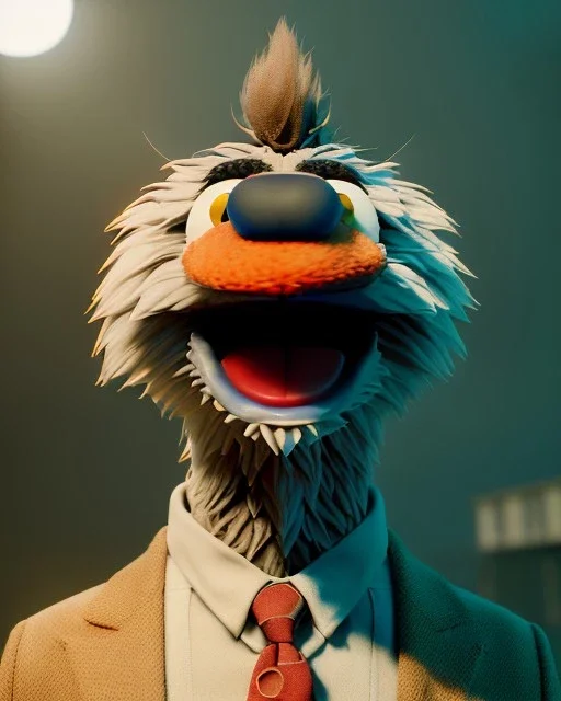 Realistic image, hybrid character, Sesame Street muppet, head, man, body, ,arms, hands, Shirt and tie, Wes Anderson style, concept art, smooth, unreal engine 5, god lights, ray tracing, RTX, lumen lighting, ultra detail, volumetric lighting, 3d, finely drawn, high definition, 4k.