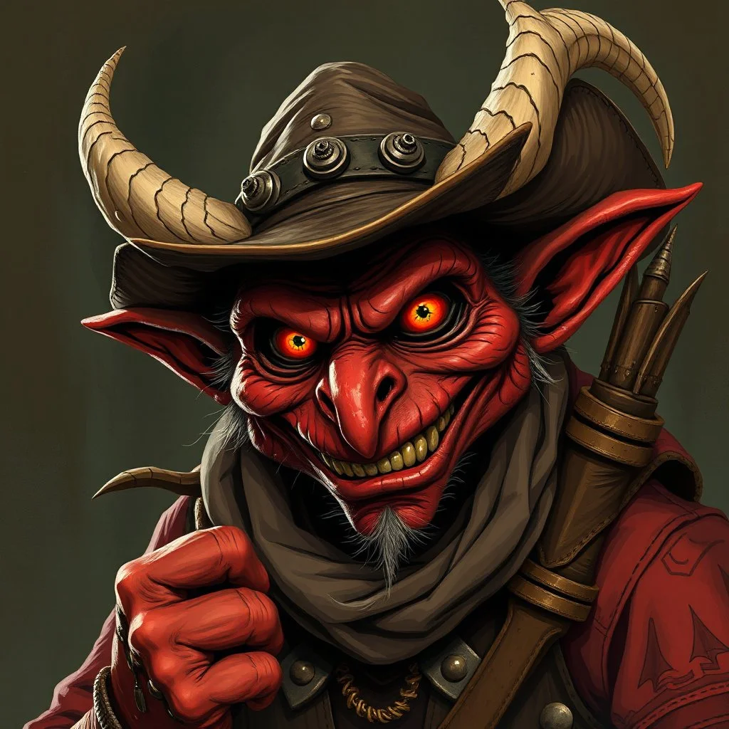 Evil wild west red skinned hobgoblin bandit smiling