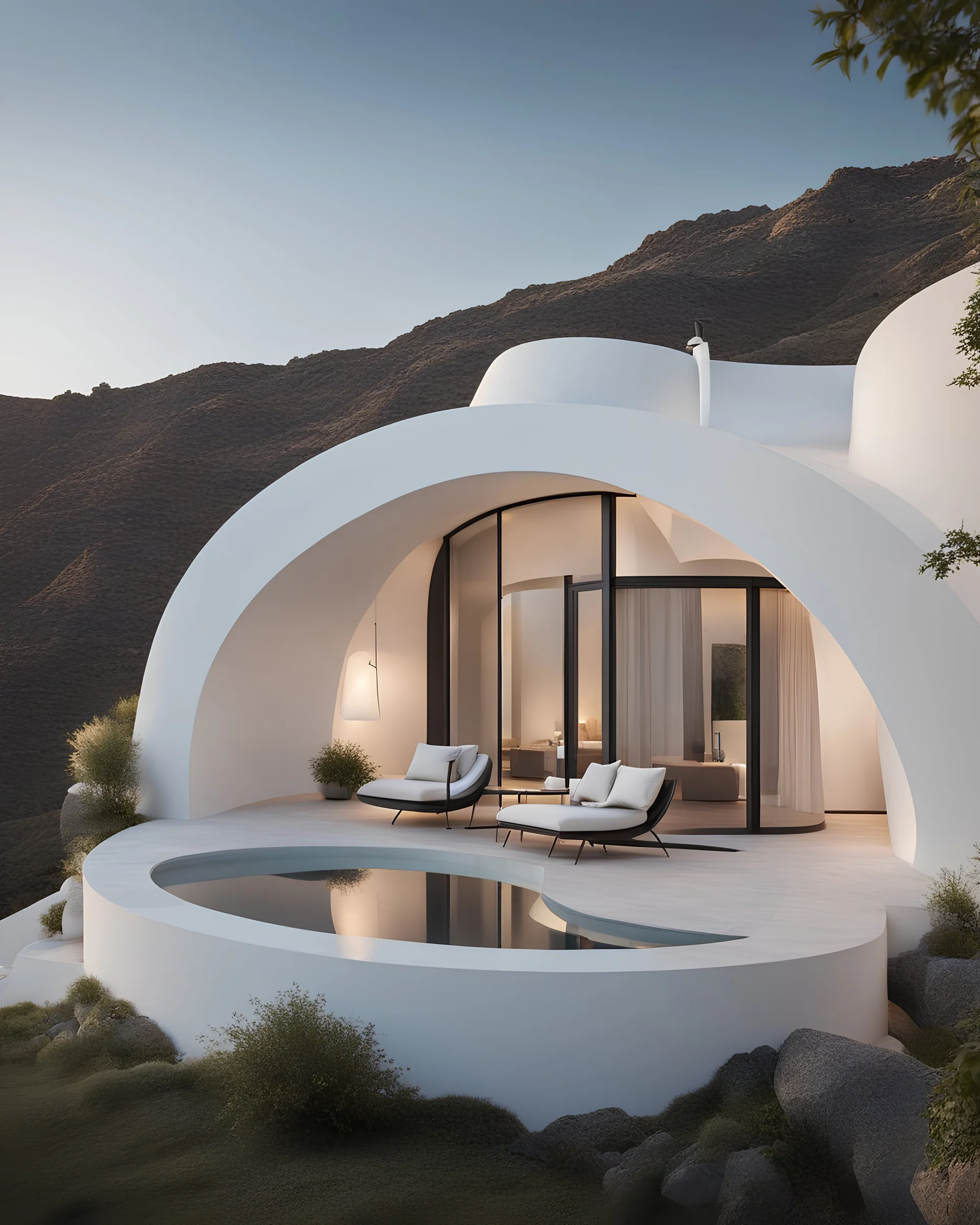 a modern minimalist curve exterior villa with arc windows and, inspired by santorini