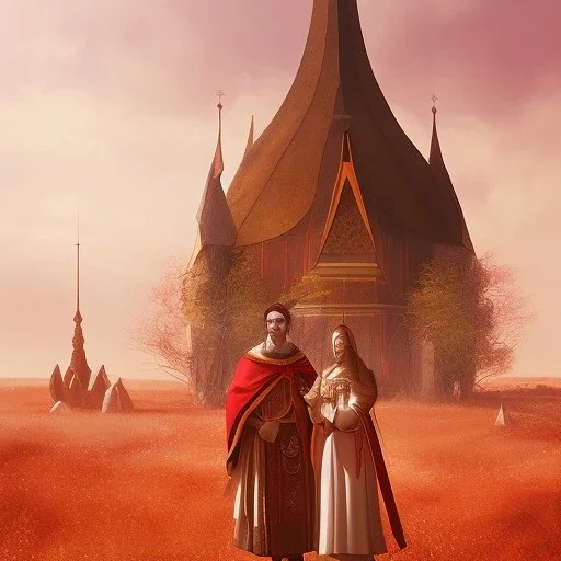 priest & priestess in dream state, church half burried in red sand, deadpan, fantasy art, sharp sunlight, spring