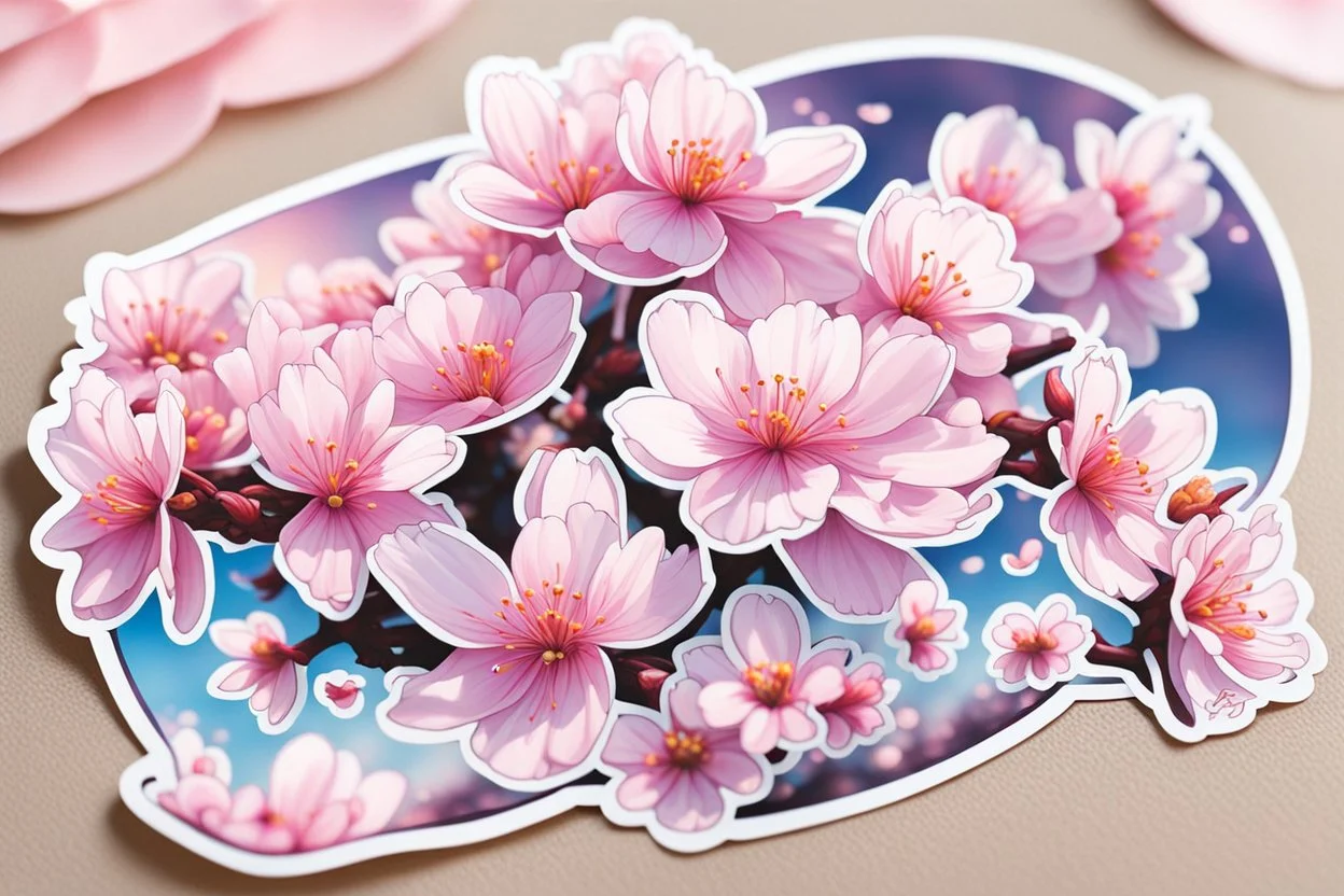 fantastic light cherry blossoms from many perspectives each as stickers on a sticker sheet