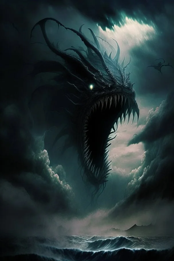 leviathan demon huge long abyssal dark seprent monster beast sky