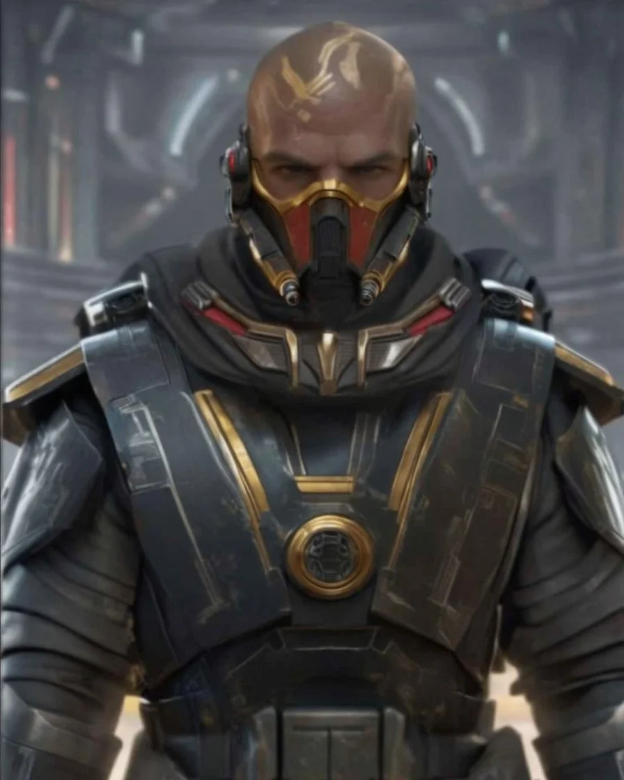 star wars bald male corellian pilot wearing pearlescent black and gunmetal grey First Order special forces heavy assault armor with gold and metallic red trim inside the jedi temple, centered portrait, hyperdetailed, dynamic lighting, hyperdetailed background, 8k resolution, volumetric lighting, light skin, fully symmetric details