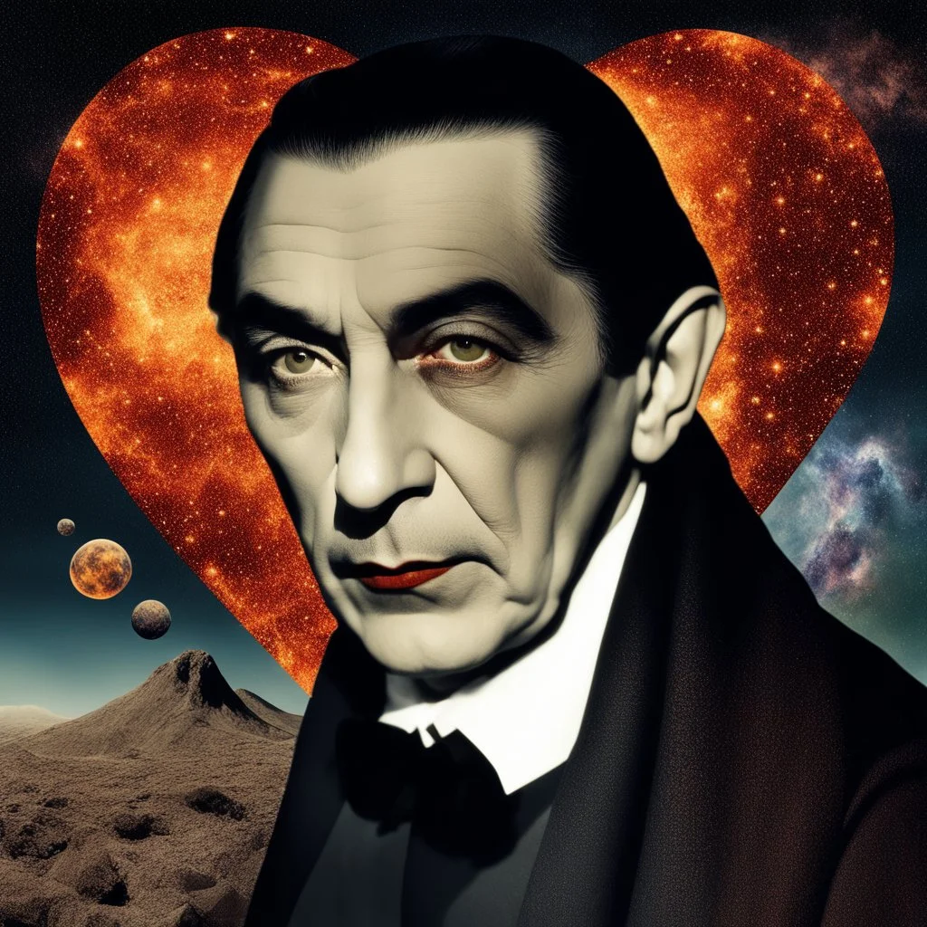 Bela Lugosi as Count Dracula, 3D hearts and Stars and Bubbles, heart-shaped, electrifying, Gods and Monsters, close-up, portrait, double exposure shadow of the ghost, Invisible, poignant, extremely colorful, Dimensional rifts, multicolored lightning, outer space, planets, stars, galaxies, fire, explosions, smoke, volcanic lava, Bubbles, craggy mountain peaks the flash in the background, 32k UHD, 1080p, 1200ppi, 2000dpi, digital photograph, heterosexual love, speedforce