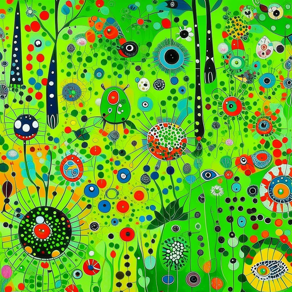 A lime green field filled with bugs designed Australian aboriginal art painted by Wassily Kandinsky