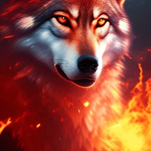 Wolf, red, fire, lava, 8K, dramatic lighting, masterpiece, expert, sharp focus, portrait frame