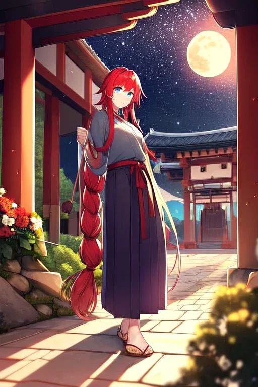 girl, masterpiece, best quality, cinematic lighting, detailed outfit, vibrant colors, perfect eyes, red hair, very long hair, braided ponytail, blue eyes, hakama, shrine, moon, starry sky, plants, stone walkway,