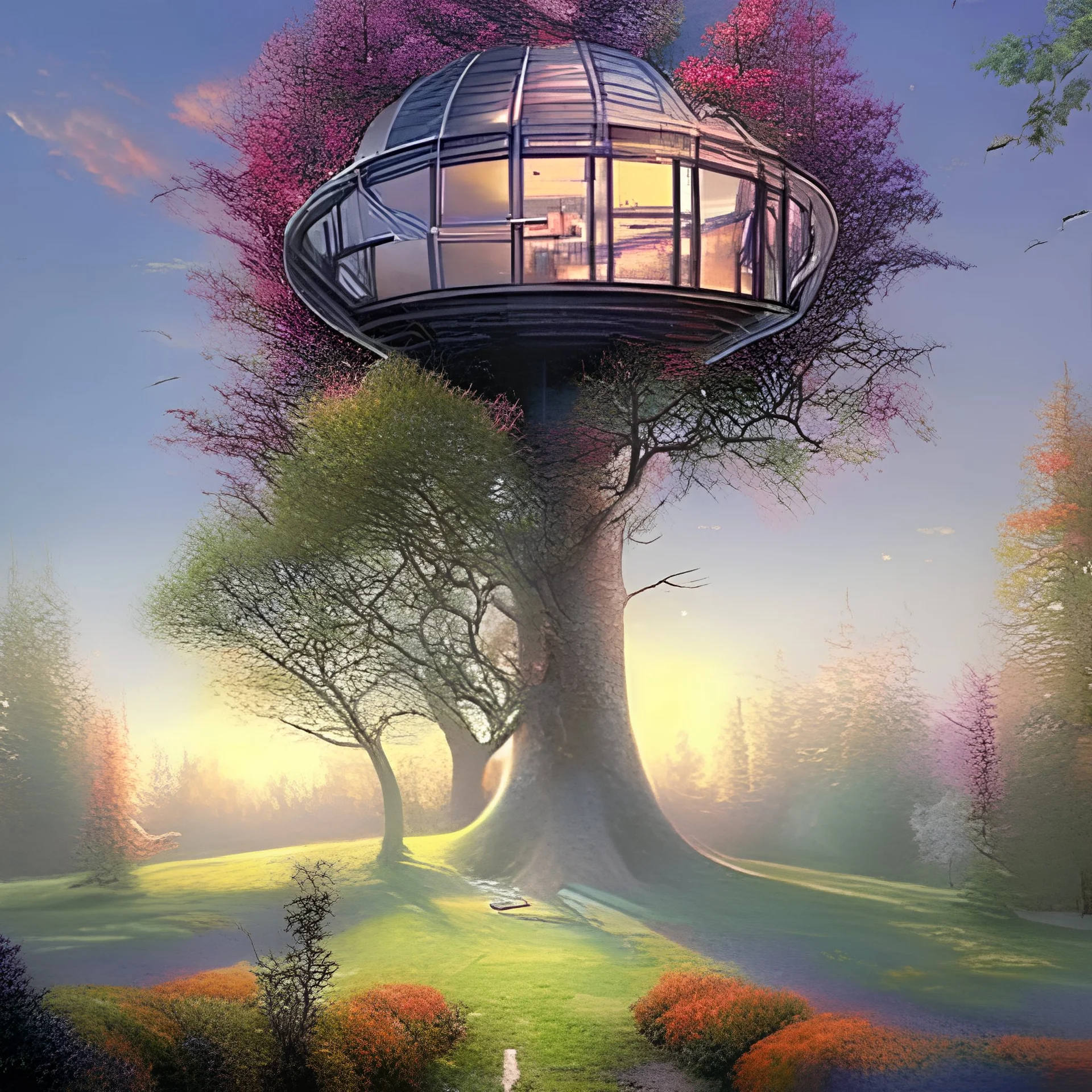 A surreal futuristic stylish modern flat, on Epic tree, treehouse, art by Thomas Kinkade and Lee Madgwick , photorealistic