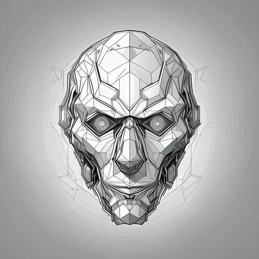 monotone robot face, sci fi, low details, polygonal, black and white ink, grey plain background