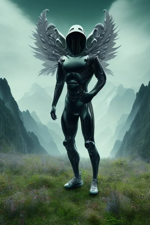 running alien portrait , black jogging suite , in the night Alps , holding leaves and flowers , angels background, volumetric light, high detail, dark leaf tree, dark mountains in background, perfect, HR Giger style