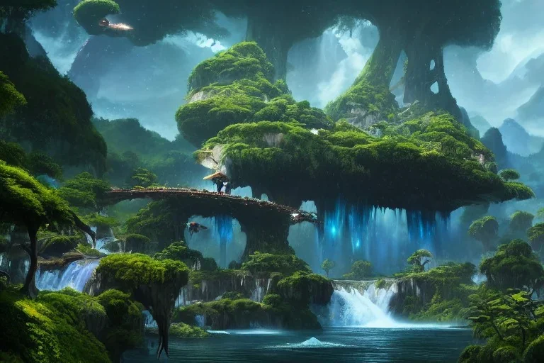 Art by Dylan cole and Eddie mendoza and darek zabrocki, Avatar concept art, pandora, hovering island with waterfall, magnificent landscape, ultra-wide angle, ultra realistic, digital painting, 8 k uhd, dynamic lighting, beautiful, sharp focus, ultra detailed, concept art