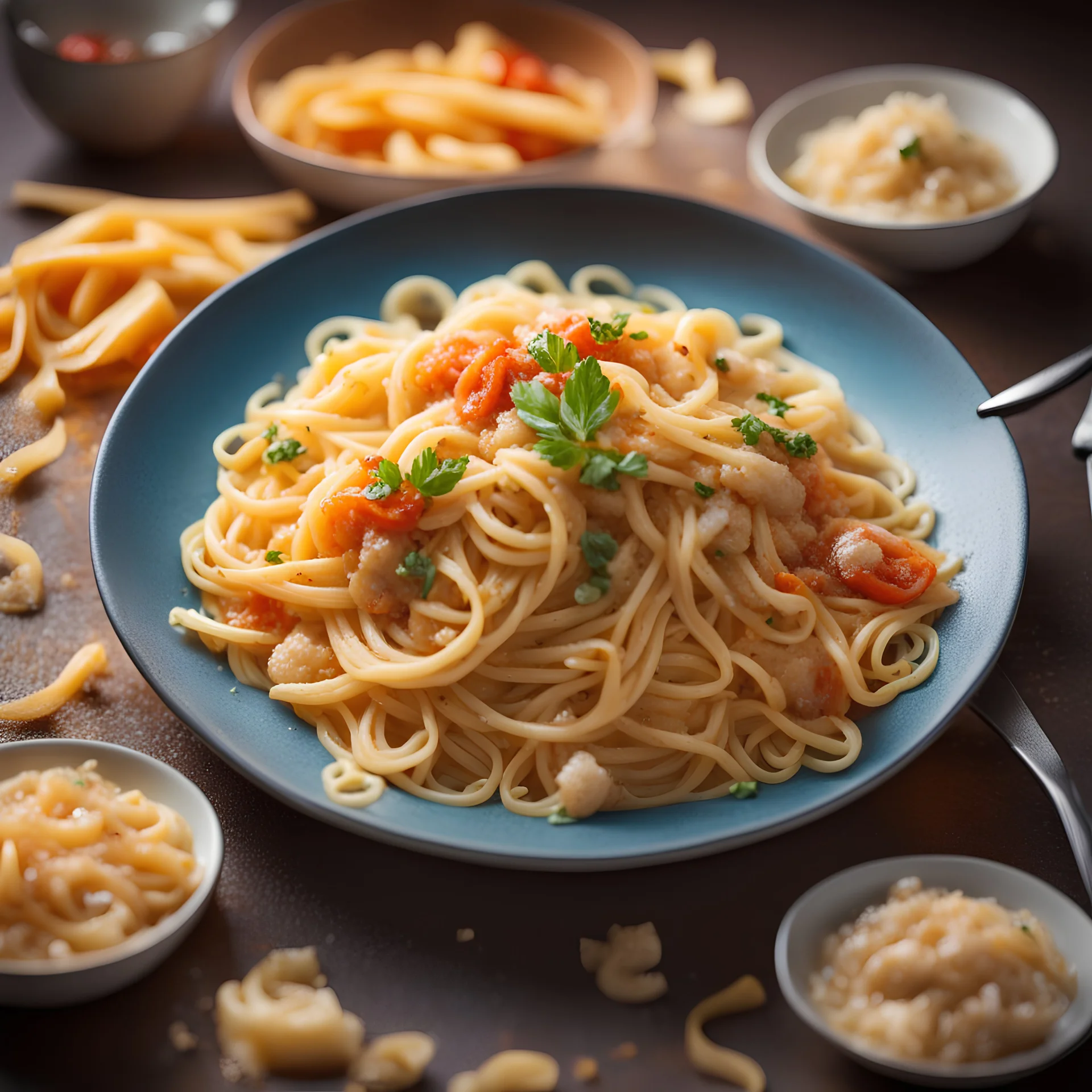 Delicious steaming hot pasta dish perfectly seasoned, picture in an haute cuisine cookbook, stunning colors, beautiful composition, perfect lighting, cinematic, photoreal, high shutter speed canon lens, bokeh, 64 megapixels