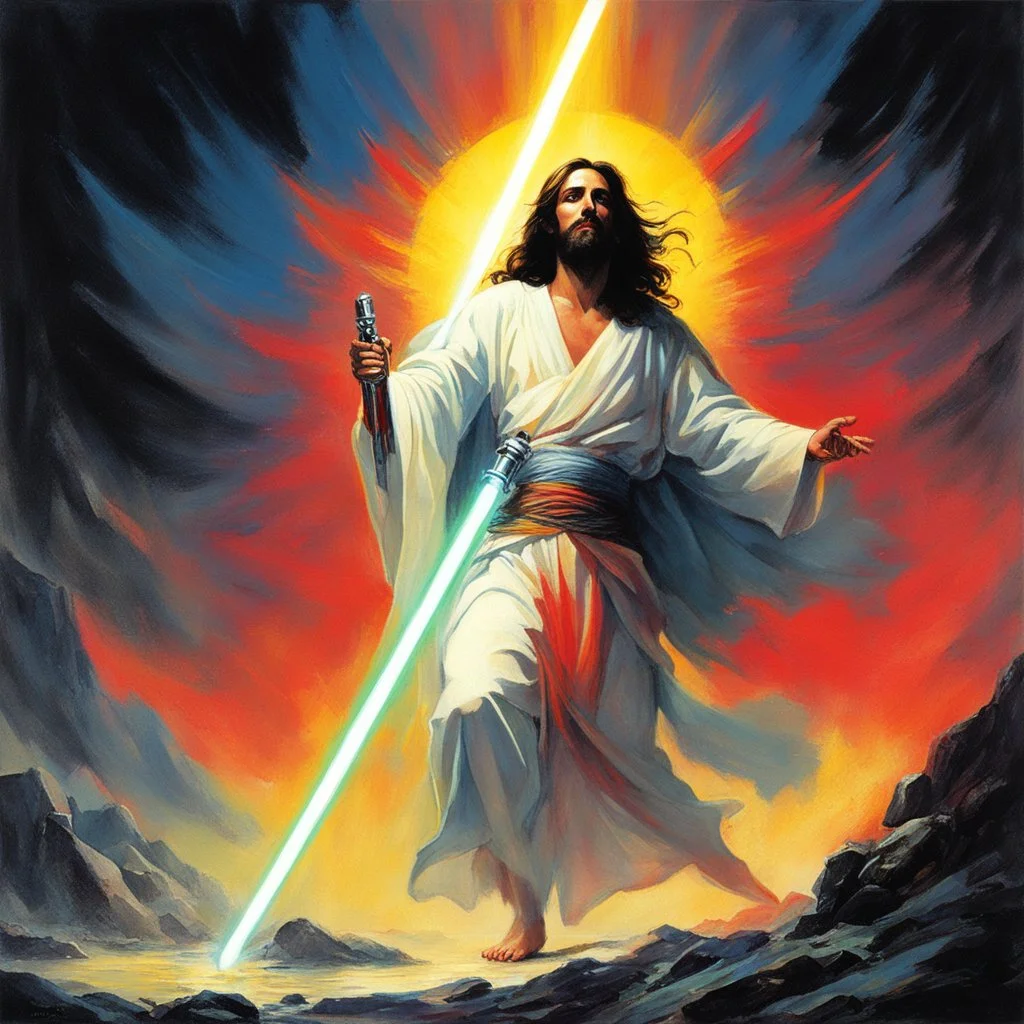 [art by Esteban Maroto] Jesus with a lightsaber opening the belly of the devil