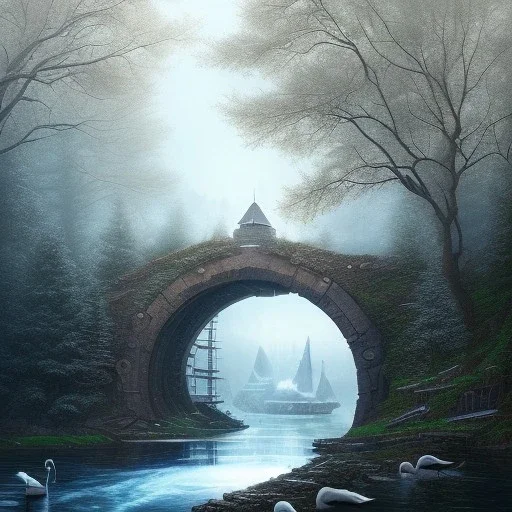 fantasy art, book cover, portrait of big swan under a bridge , old mill wheel ,icy water,seen through the tree tops, icy frame