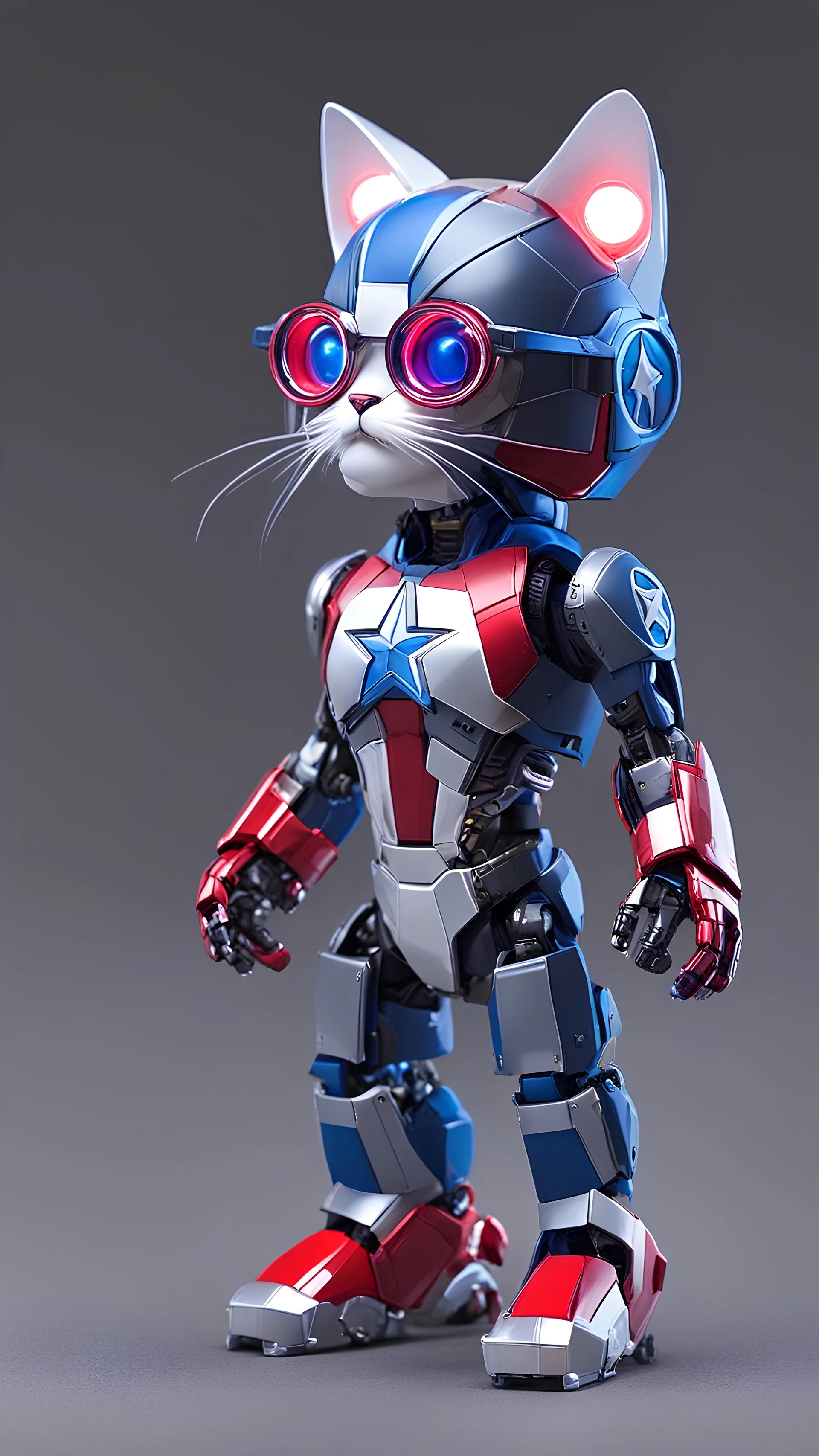 (robotic cat humanoid form inspired captain america,logo on tie , captain america armour full body ,: 1.3), ((blind box toy style:1.3)), (full body shot), a cute transparent robot cat, Transparent Mech, Exquisite Helmet cat :1.2, Glasses:1.2, Cyberpunk, dreamy glow , bright neon lights, clean, white background, (global illumination, ray traching, HDR, unrealistic render, reasonable design, high detail, master part, best quality, hyper HD, cinematic lighting)