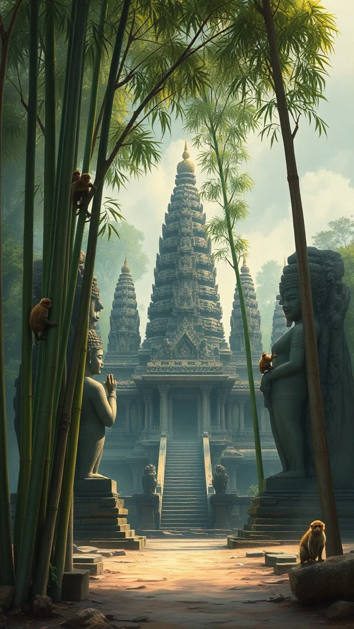 An old temple surrounded by bamboo trees with big ancient statues in India with monkeys here and there climbing , Busch painting style nightmare