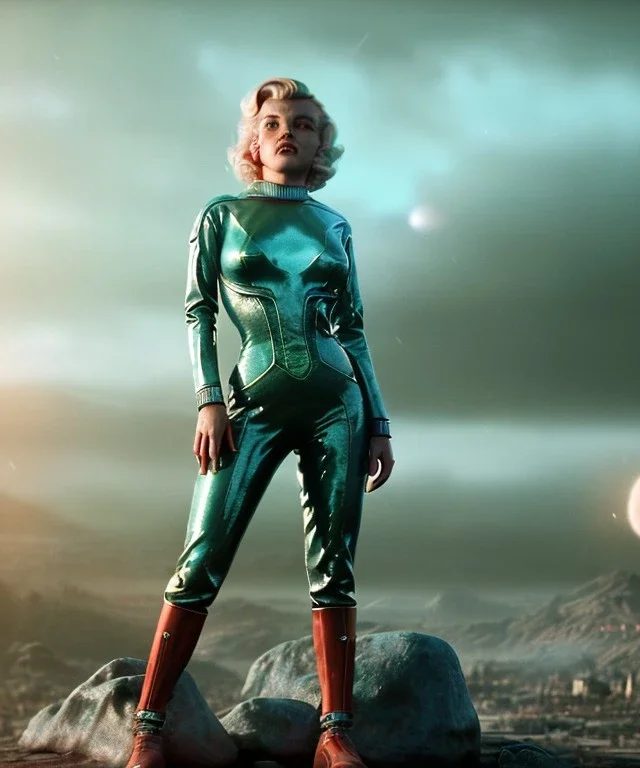 Ultra Realistic retro sci-fi 1960 scene, waist up view portrait, blonde woman, sweet young Marilyn Monroe face, perfect iris, tight latex coat, Strange planet background, Retro sci-fi tight style, sphere dron, fog, rain, soft color, highly detailed, unreal engine 5, ray tracing, RTX, lumen lighting, ultra detail, volumetric lighting, 3d, finely drawn, high definition, high resolution.