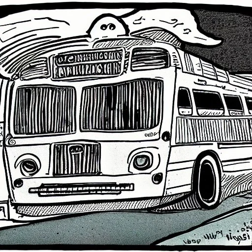 bus by jim woodring in cartoon style