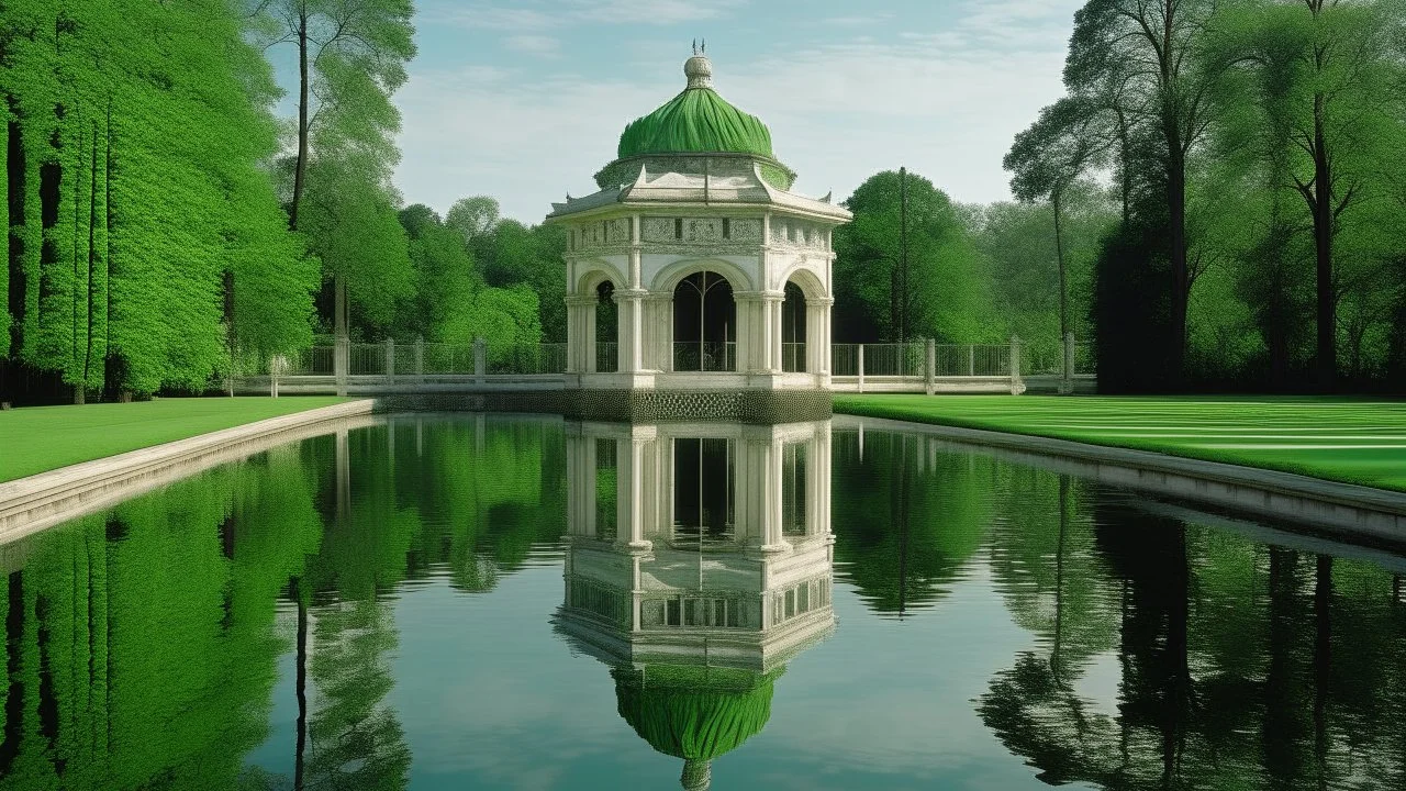 An ancient, weathered stone building with a green domed roof stands tall in the center of the image, reflected perfectly in the still, calm water below. A delicate white balustrade extends from the side of the building, also mirrored in the water. The building is surrounded by a lush, green treeline and tall, slender cypress trees on the horizon. The sky is overcast with soft, muted colors, contributing to the serene and timeless atmosphere of the painting. The overall style is realistic with a