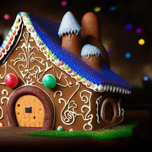 an intricate hobbit-style gingerbread house with rainbow sprinkles, frosting, vibreant crushed candy, 8k resolution, centered, high-quality, ultrafine-detail, digital art, flickering light, detailed matte, volumetric lighting, illustration, 3D octane render, brian froud, howard lyon, ben goossens, George Grie, greg rutowski, alphonse mucha