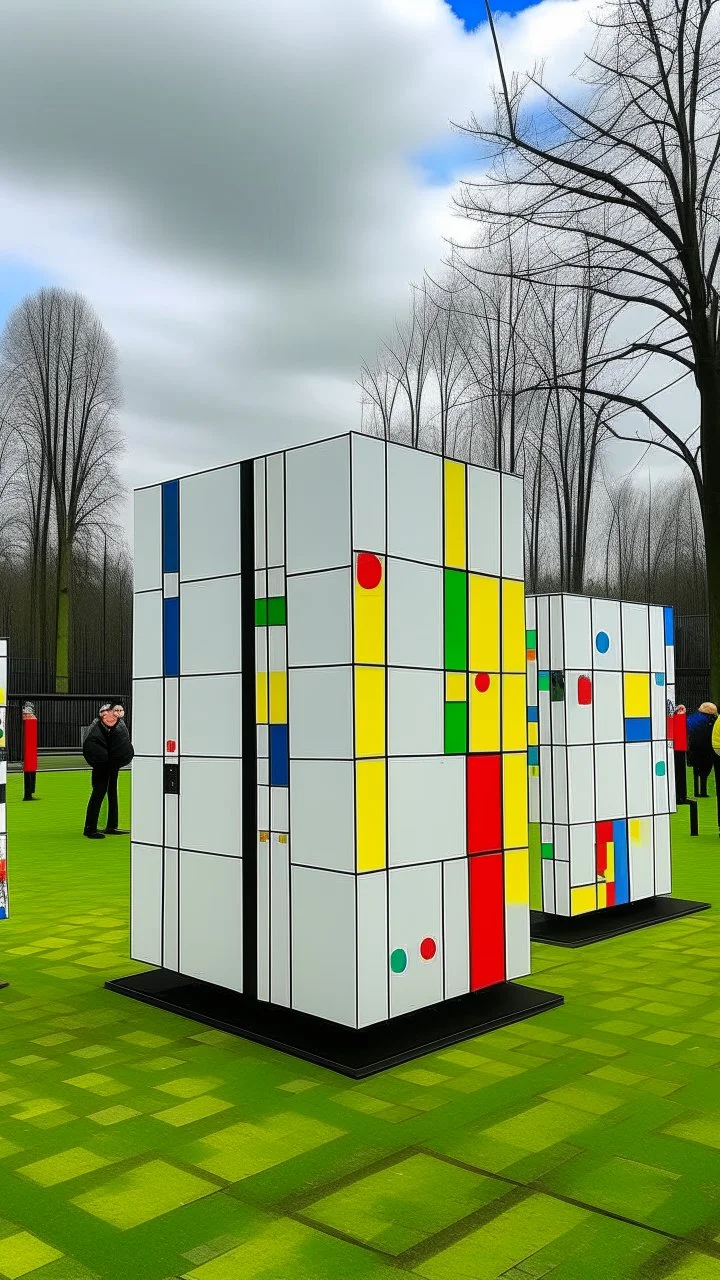 A white sky themed carnival with bees painted by Piet Mondrian