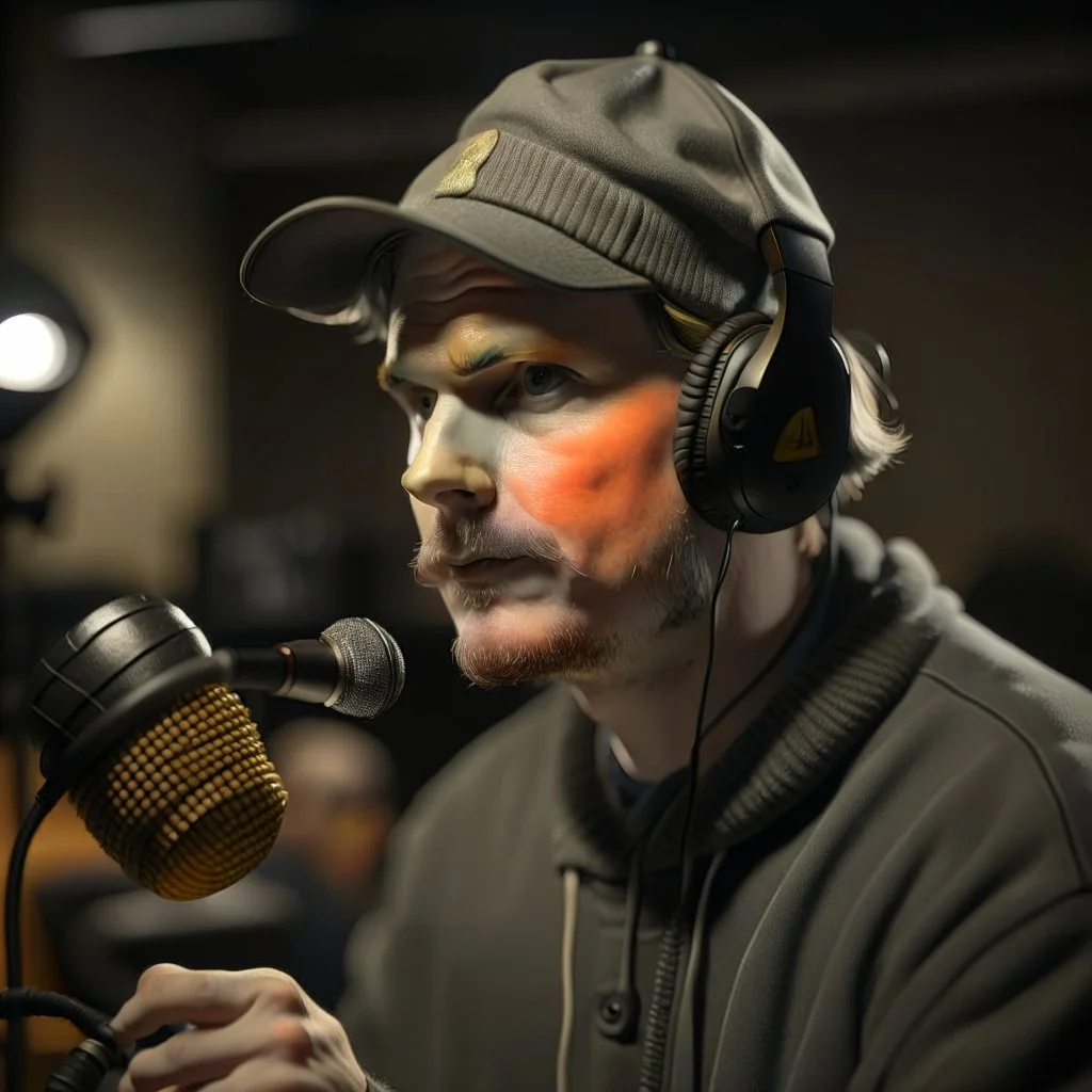 John Dennis Haraberget, norwegian rapper in silver gloden studio and with a tiny weird hat, young dark and handsome, with thick hairy eyebrows, and tiny mic, directing a debate, photo-realistic, shot on Hasselblad h6d-400c, zeiss prime lens, bokeh like f/0.8, tilt-shift lens 8k, high detail, smooth render, down-light, unreal engine, prize winning