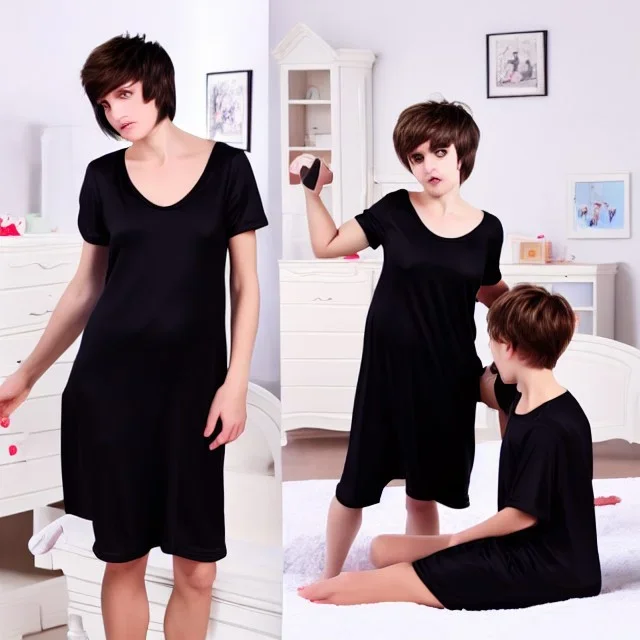 Russian tomboy boyish boylike short man's haircut boyish features in black girlish nightgown mommy in sleeproom with newborn baby