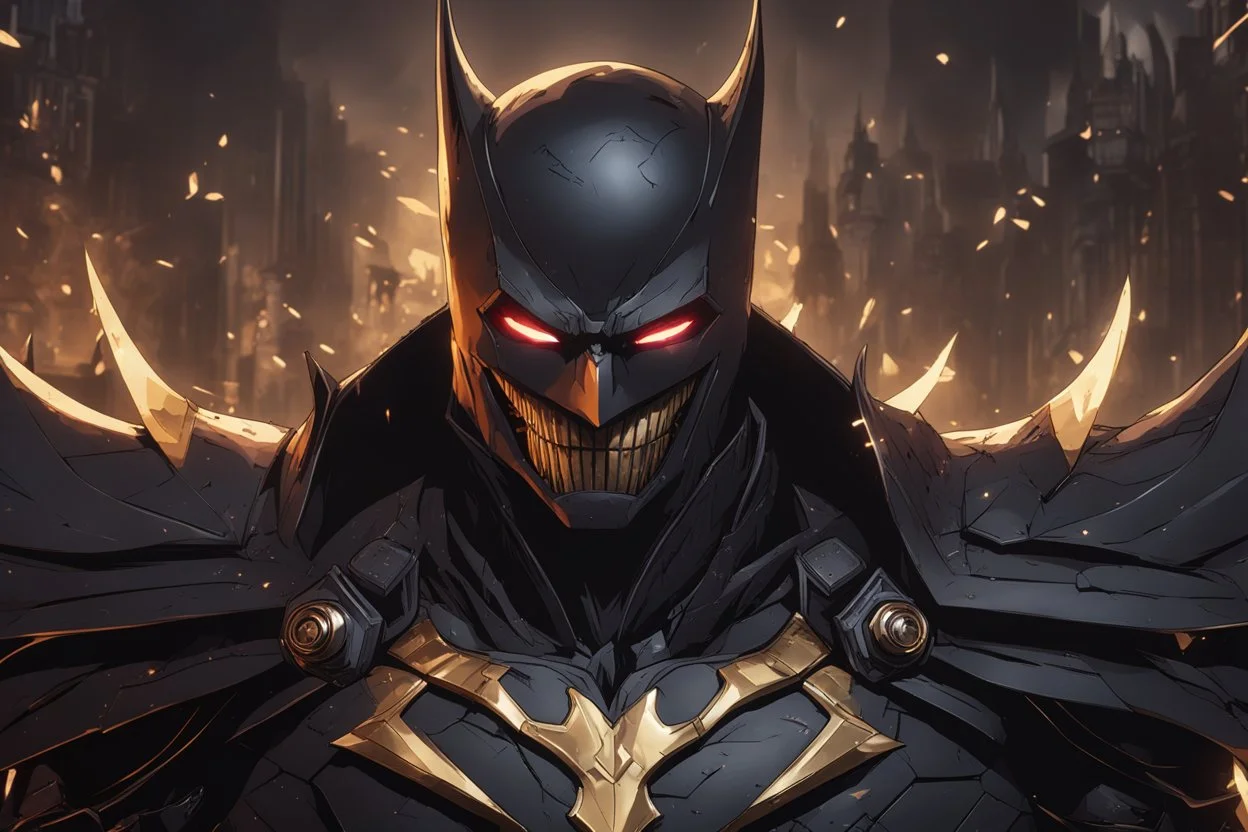 Golem with no eyes in 8k solo leveling shadow artstyle, The batman who laughs model, cover eyes, evil laugh smile, darkness them, close picture, apocalypse, intricate details, highly detailed, high details, detailed portrait, masterpiece,ultra detailed, ultra quality