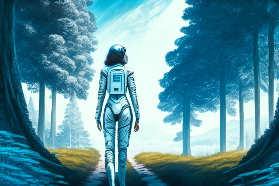 woman in a skin-tight silver spacesuit, facing away, standing under a spaceship, on a path, wooded landscape in the distance, blue sky