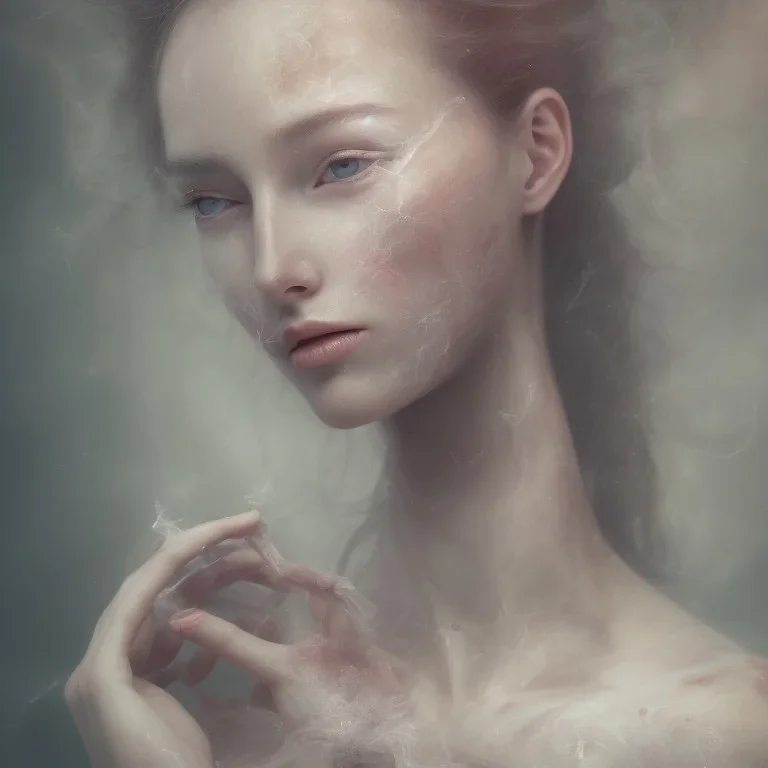 portrait photography of ethereal beauty, 8K, Portrait of a woman by Michelangelo, close-up face, anatomically perfect face, a sunny atmosphere, misty smoke, tree roots