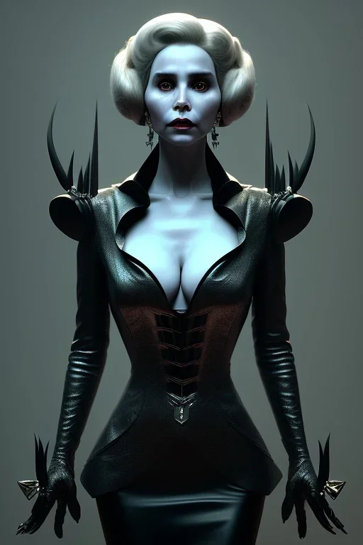 Constance Langdon as evil queen in black leather, leather, busty, cleavage, angry, stern look. character design by cory loftis, fenghua zhong, ryohei hase, ismail inceoglu and ruan jia. unreal engine 5, artistic lighting, highly detailed, photorealistic, fantasy