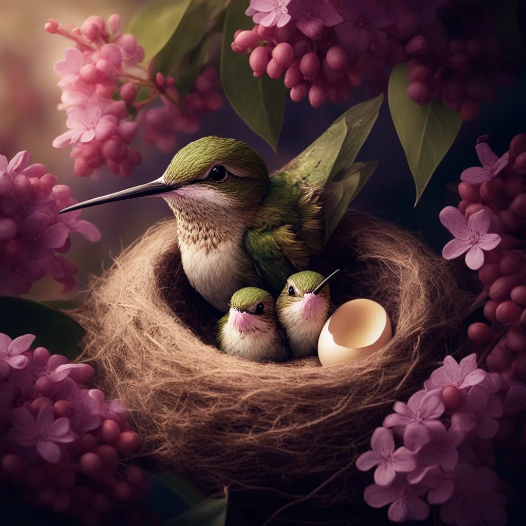 Create an incredible image in the Anne Geddes art style with 2 cute baby ruby throated hummingbirds sitting on the nest in a lilac bush branch, next to the baby hummingbirds is a broken shell of one egg, as if it had just hatched from the egg. Mother hummingbird in the nest looking calm at the 2 baby hummingbirds. the nest is inside a beautiful flowering lilac branch. A masterpiece, a high-quality photo taken at exactly the right moment for an award-winning photo. bokeh Nikon D850 hig