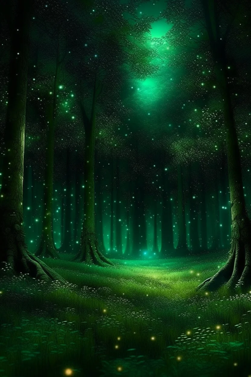 magical too much trees in big forest dark green fairy magic with stars glowing at night