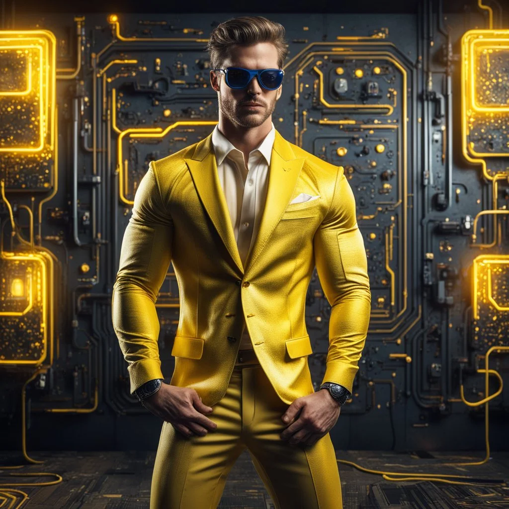 Hyper Realistic handsome muscular Electric-Superhero wearing long-fancy-yellow-tuxedo & fancy-sunglasses in a dark-rustic-circuit-room with electric-sparks & a massive circuit-board-wall