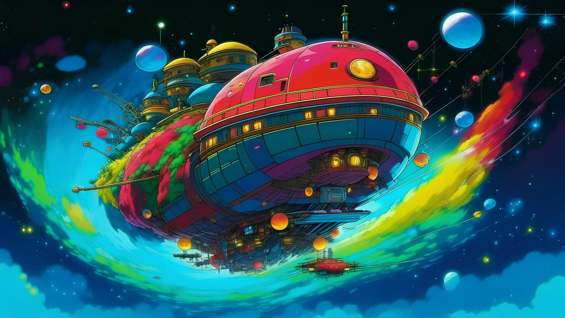 A picture of a anime studio ghibli style spaceship going supersonic through space, passing lots of cool planets, with lots of vibrant colours put us behind the spaceship and make it a smaller sized spaceship