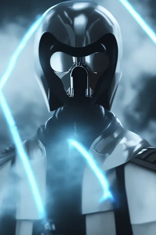 All Black suit Anakin Skywalker soldier, ghost, wearing high tech mask, white smoke, dark, rage, sorrow, high definition, ultra 8 k, volumetric lighting, blue fire, fog