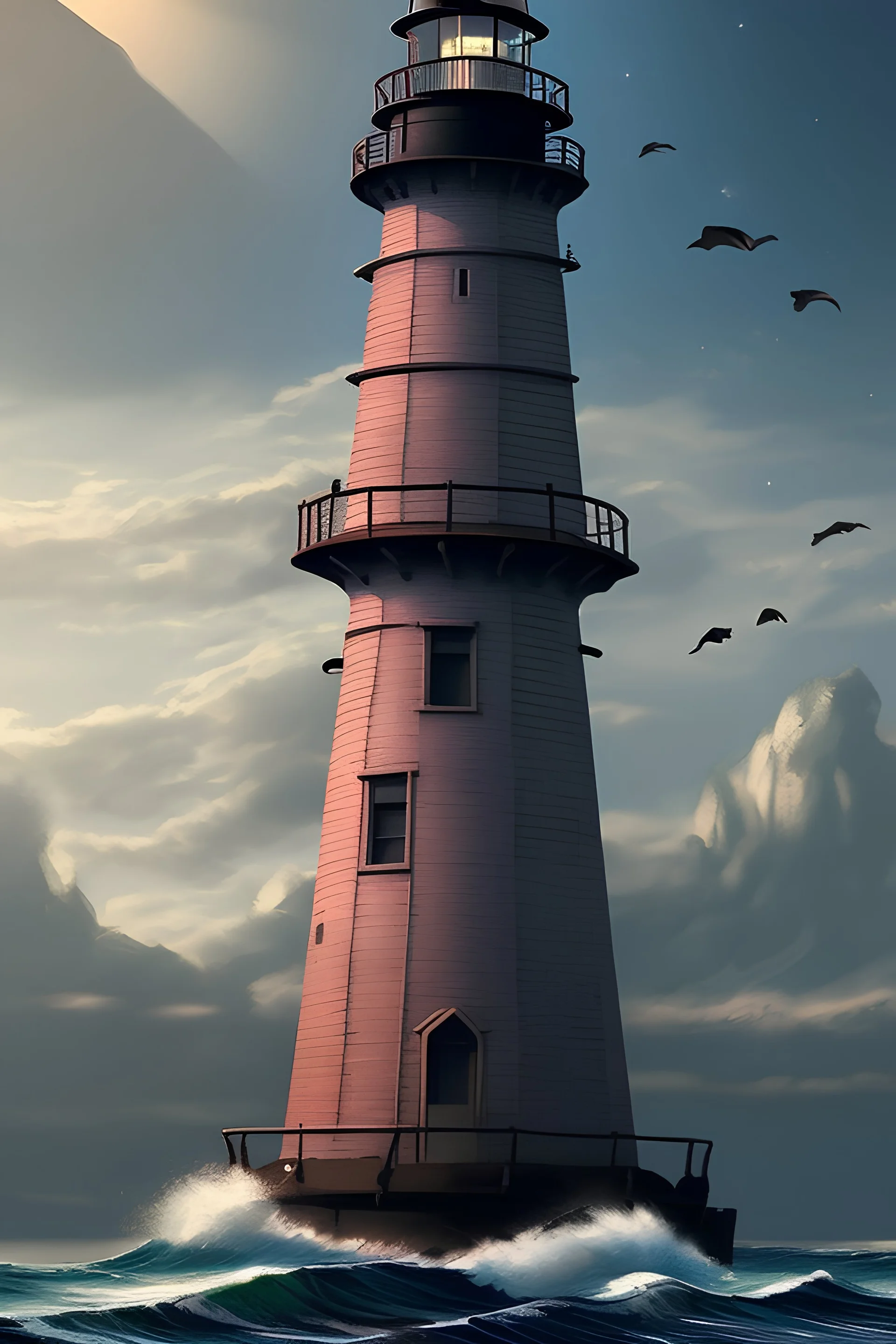 Realistic scenery of pirate ship with lighthouse in the background setvin night scenery tattoo style