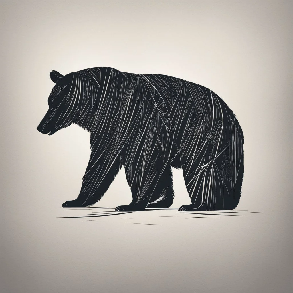 sharp lines silhouette of a bear, letterpress style, minimalistic high contrast pencil art