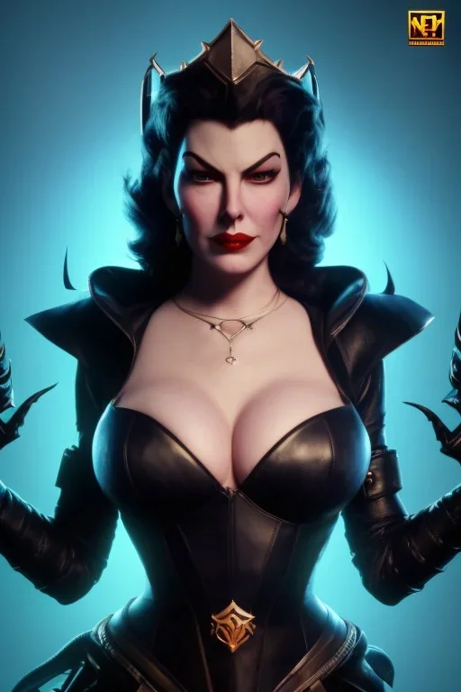 Ava Gardner as evil queen in black leather, busty, cleavage, curvy, angry, stern look. character design by cory loftis, fenghua zhong, ryohei hase, ismail inceoglu and ruan jia. unreal engine 5, artistic lighting, highly detailed, photorealistic, fantasy