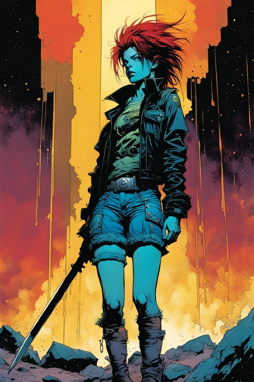 create a hardened, punk rock girl in the comic book art style of Mike Mignola, Bill Sienkiewicz and Jean Giraud Moebius, , highly detailed,, grainy, gritty textures, , dramatic natural lighting