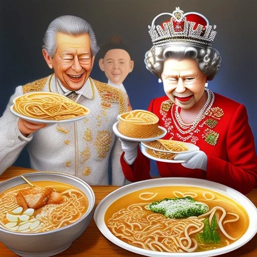 Me enjoying ramen with a happy Queen Elizabeth II in Tokyo